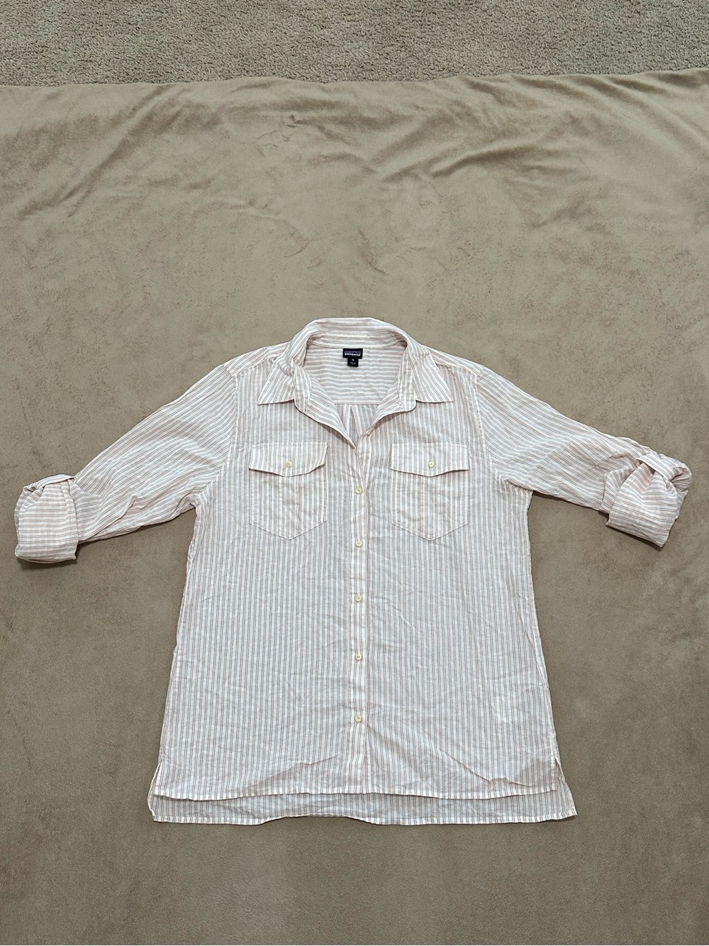 Patagonia Coral/White Striped Roll Tab Sleeve Button-Up Shirt
